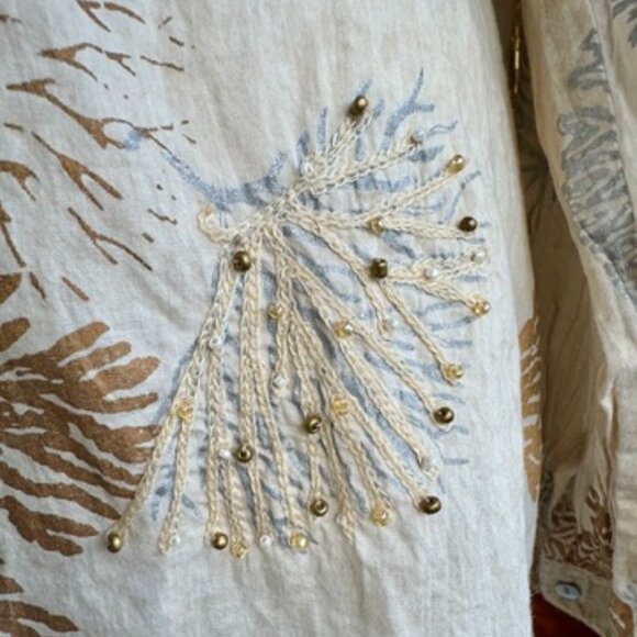 Beige With Beaded Shimmery Coral Print Beach Cover Up - Picture 7 of 12